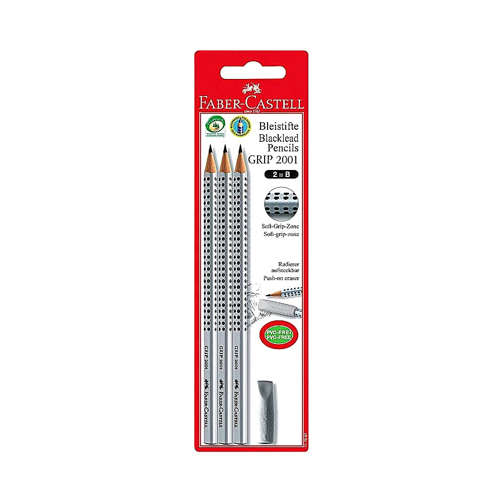 Faber Castell Grip 2001 Bleistift B 3er + Radierer, Bleistiftset