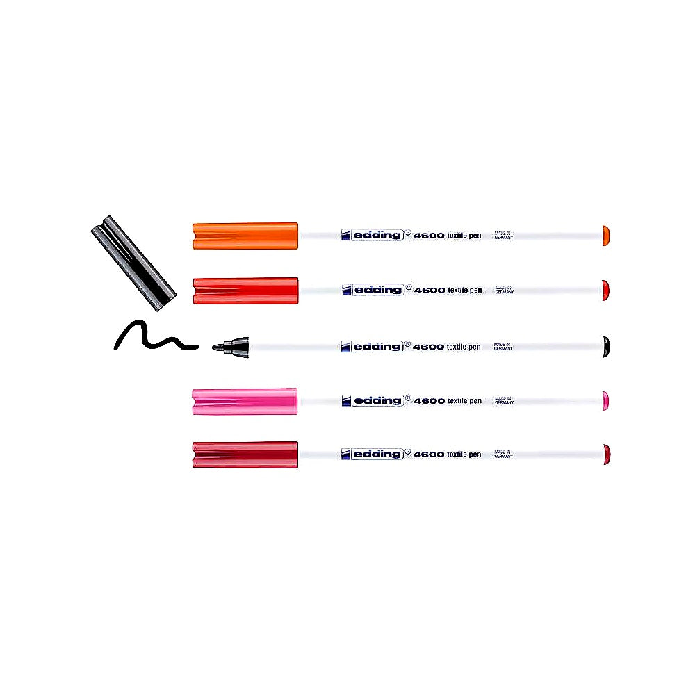 Edding Set 4600 Textilstift, 5er Set, Stoffmalstifte schwarz/rot/orange/pink/karmin