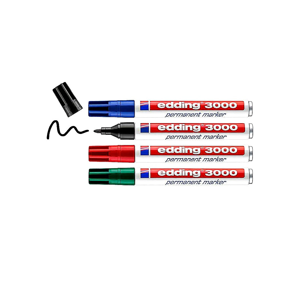 Edding Set 3000 Permanentmarker 4er, schwarz, rot, blau, grün, Rundspitze