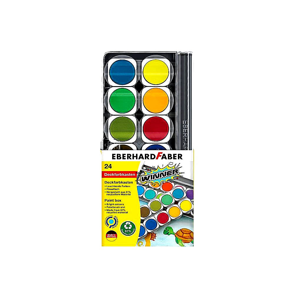 Eberhard Faber 578324 Wasserfarbkasten Winner 24 Farben, mit Deckweiß, Pinselfach