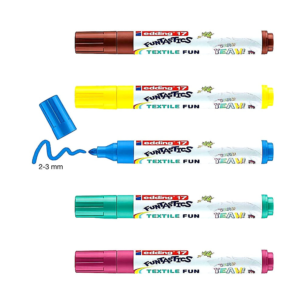 Edding Set 17 FUNTASTICS TEXTILE FUN Textilstifte Kinder, 5er Set, waschfest
