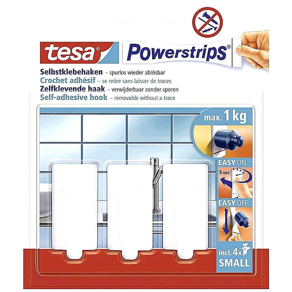 tesa Powerstrips Haken Small Classic - Selbstklebender Wandhaken Glas Kacheln