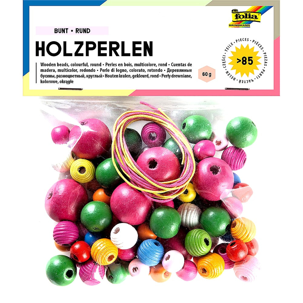 folia 2297 - Bunte Holzperlen rund 84 Stück bunt sortiert 2 Schnüren Erstellen