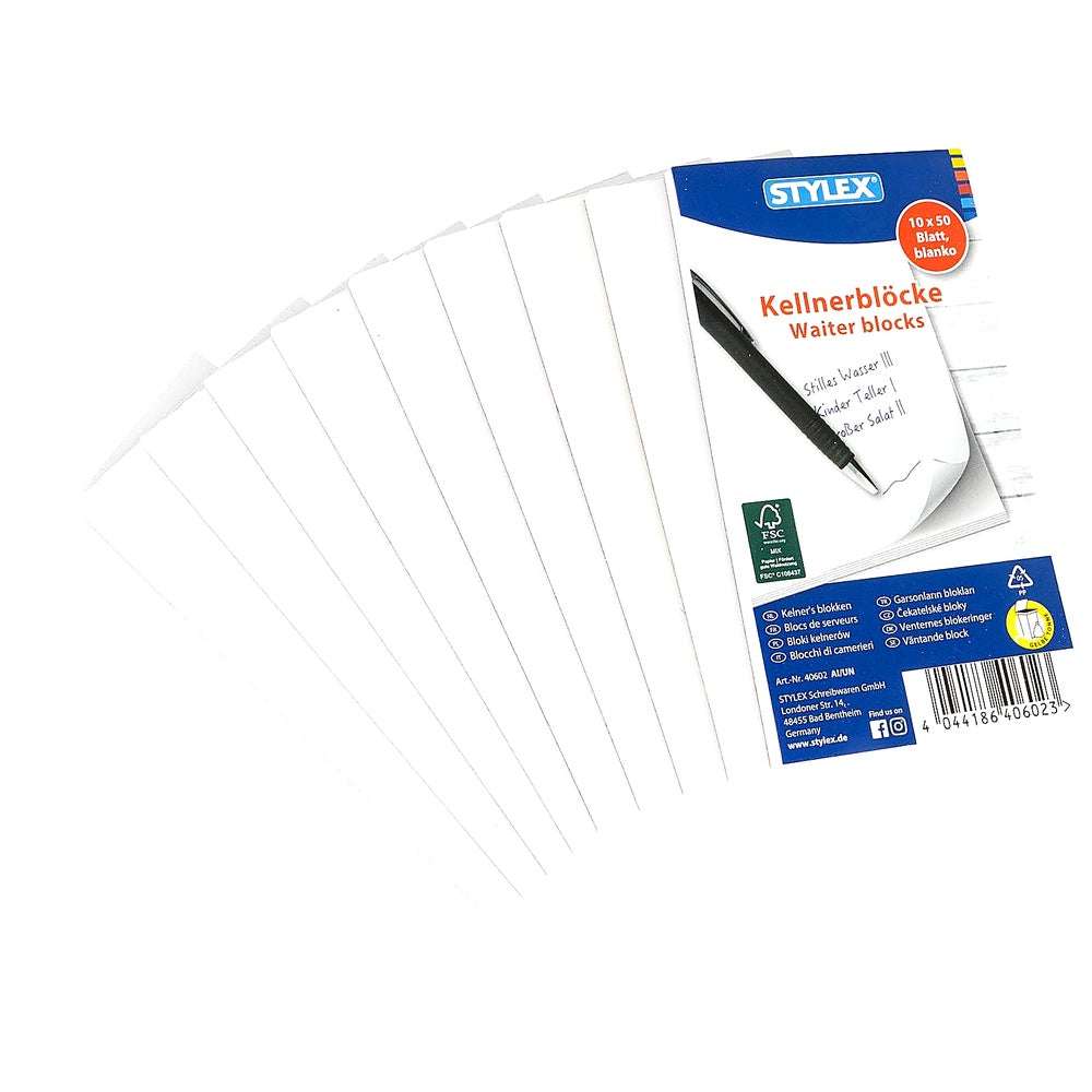 Stylex Kellnerblöcke Gastronomieblock 10er pack je 50 Blatt 7x15cm