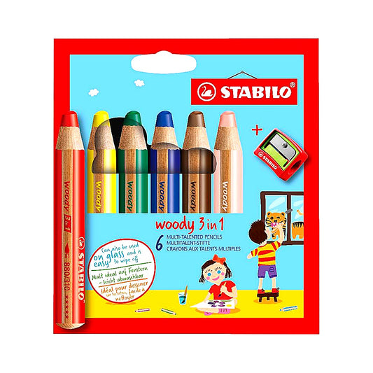 STABILO woody 3in1 6er Set verschiedene Farben mit Spitzer Farbstifte Set