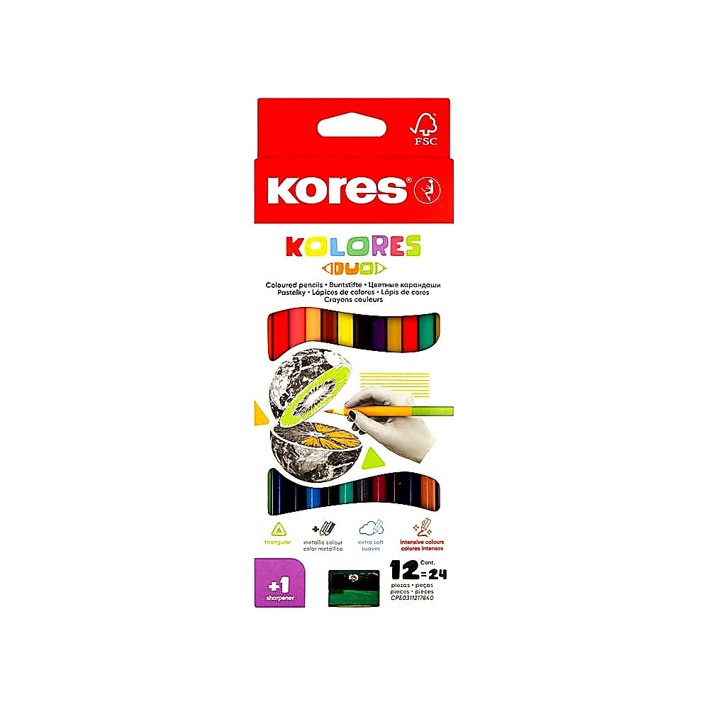 Kores Duo Buntstifte 12 Stifte 24 Farben 3-kant inkl Spitzer