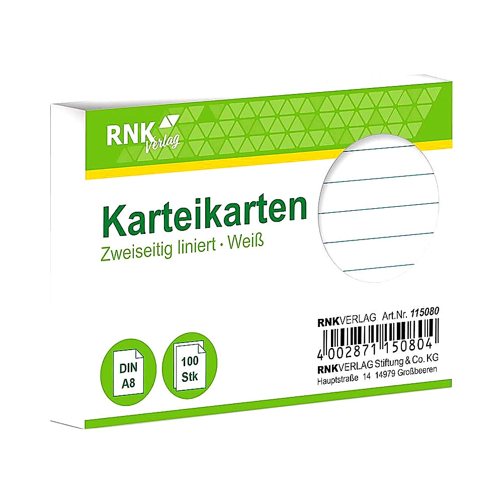 RNK Karteikarten liniert 5mm DIN A8 100 Karten Notizen Lernen