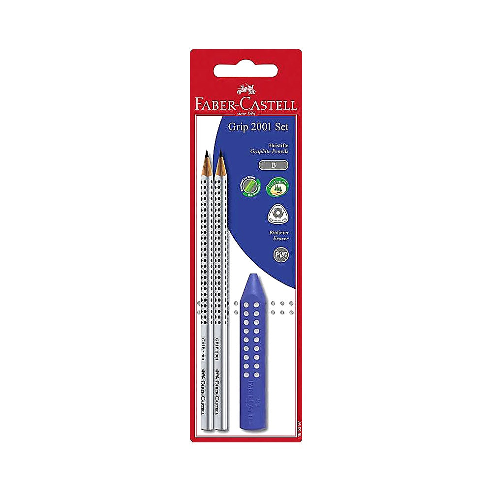 Faber Castell Grip 2001 Bleistifte 2xB silber + Radierer, Set