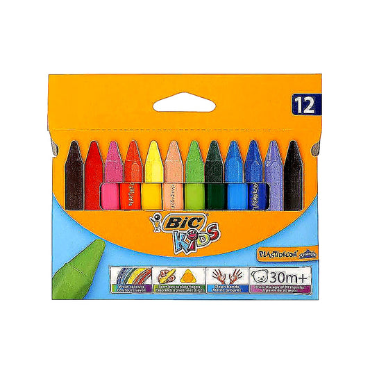 BIC Kids Dreikant Wachsmalkreide PLASTIDECOR 12 Farben, ergonomisch