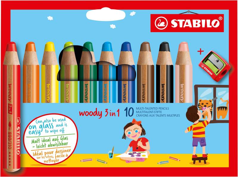 STABILO woody 3in1 10er Set verschiedene Farben mit Spitzer Farbstifte Set