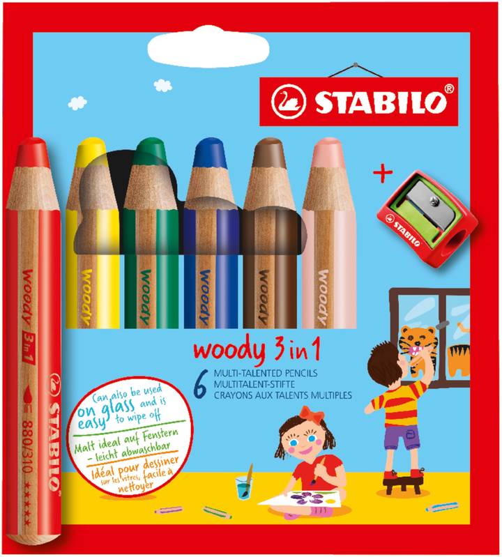 STABILO woody 3in1 6er Set verschiedene Farben mit Spitzer Farbstifte Set